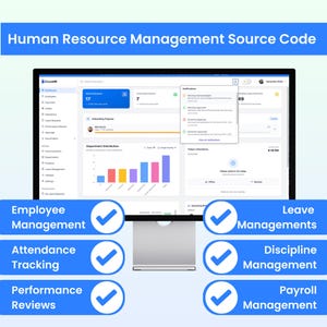 Może przedstawiać: Ekran laptopa wyświetlający interfejs oprogramowania do zarządzania zasobami ludzkimi. Ekran pokazuje wizualizacje danych, wykresy i opcje zarządzania pracownikami. Tekst zawiera "Zarządzanie pracownikami", "Śledzenie obecności" i "Przeglądy wydajności."