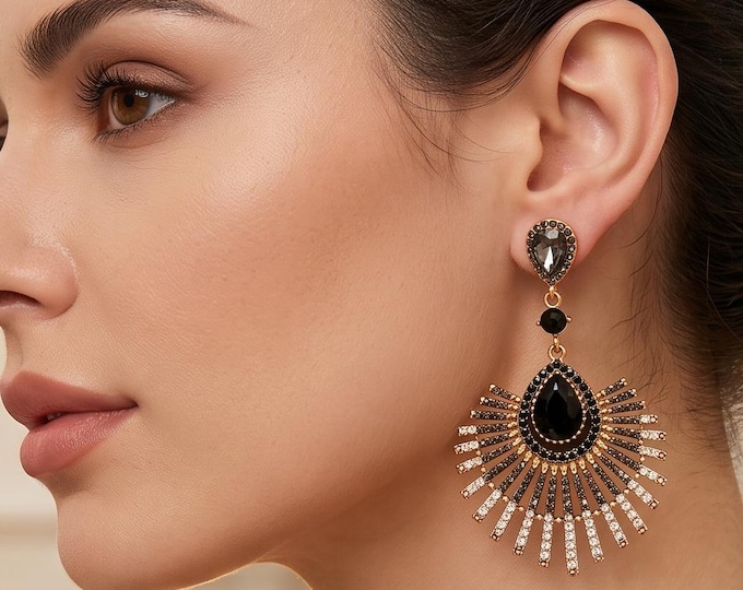 Rhinestone Peacock Dangle Earrings, Water Drop Tassel Statement Jewelry, Vintage Party Wedding