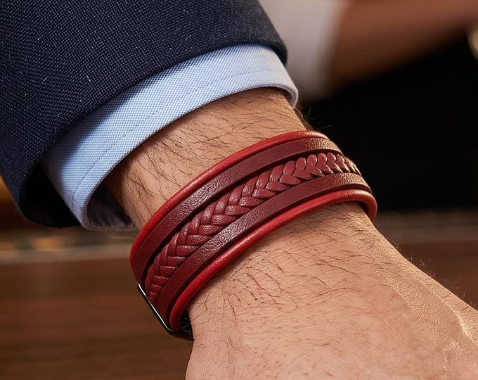 Red Braided Leather Bracelet, Hand-Woven Multi-Layer, Magnetic Buckle Men's Jewelry