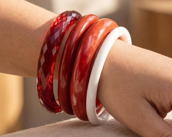 Set of 4 Red Geometric Resin Bangles, Transparent Statement Bracelets