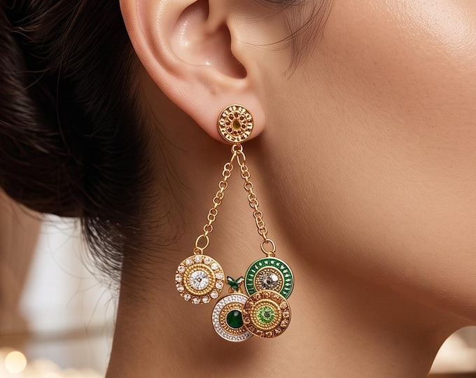 Retro Rhinestone Tassel Earrings, Ethnic Round Statement Jewelry, Wedding Party Accessories