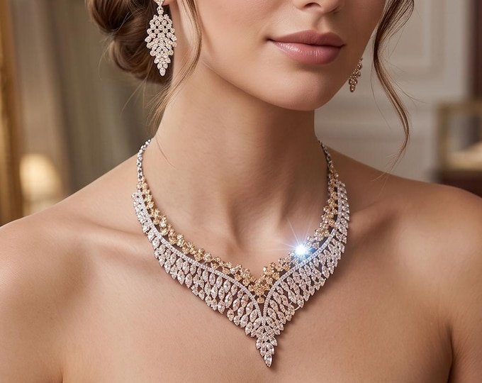 Starry Leaf Jewelry Set, 3-Piece Necklace Earrings, Elegant Statement Bridal Jewelry