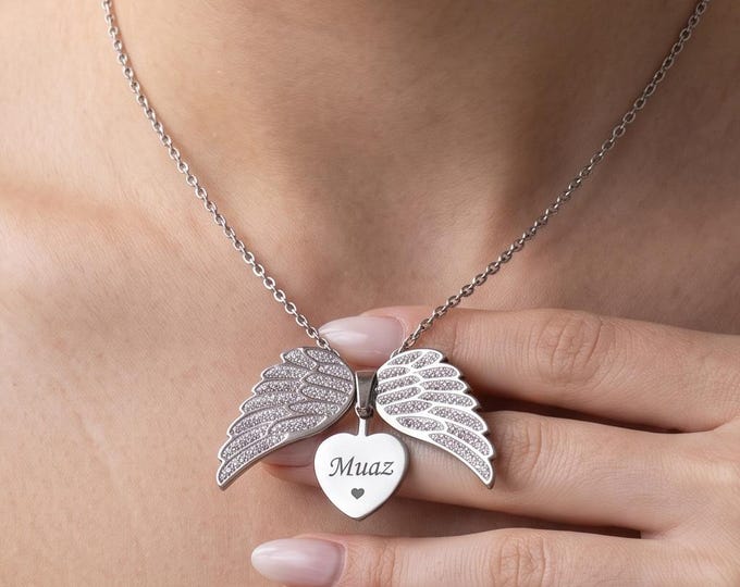 Angel Wing Heart Necklace, Silver Pendant with Wings, Faith Hope Jewelry