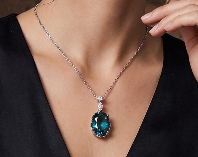 Vintage Silver Blue Zircon Pendant Necklace, Elegant Crystal Statement Jewelry