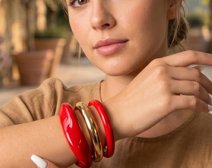 3 Piece Red Acrylic Resin Bangle Set, Irregular Geometric Bracelets, Bold Fashion Jewelry