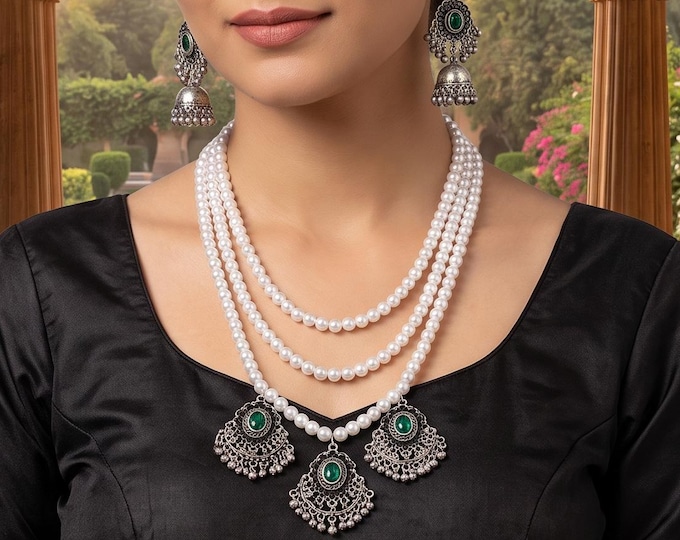 Multilayer Simulated Pearl Necklace Tassel Earrings Set, Vintage Boho Statement Jewelry