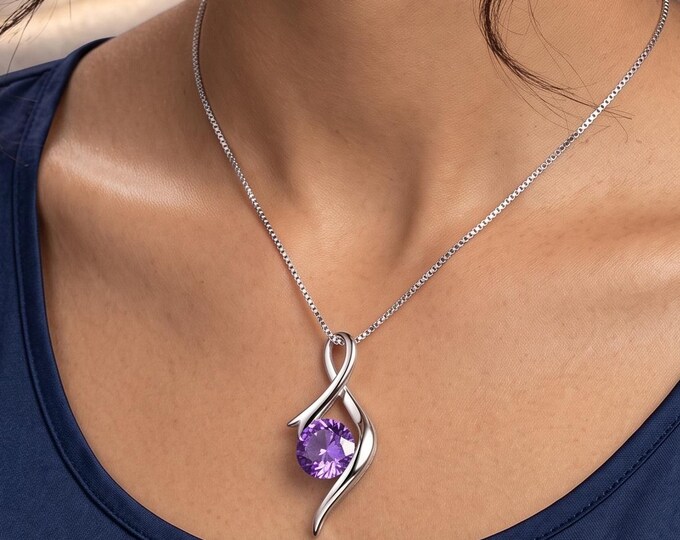 Sterling Silver Purple Zircon Ribbon Necklace, CZ Pendant Choker, Elegant Anniversary Party Jewelry