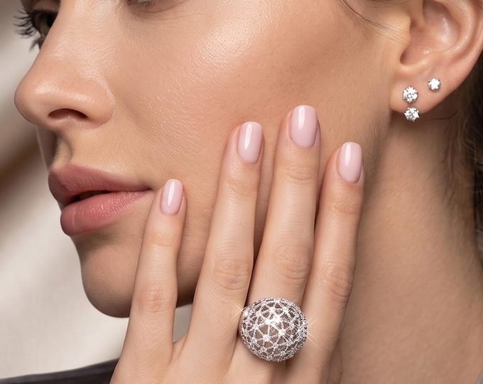 Sterling Silver Zircon Hollow Statement Ring, Elegant Party Jewelry