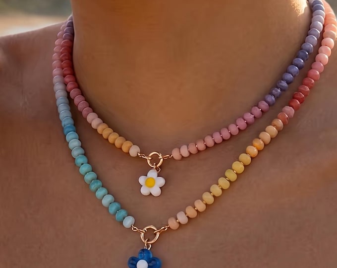 Rainbow Beaded Flower Necklace, Boho Daisy Choker, Colorful Glass Summer Jewelry