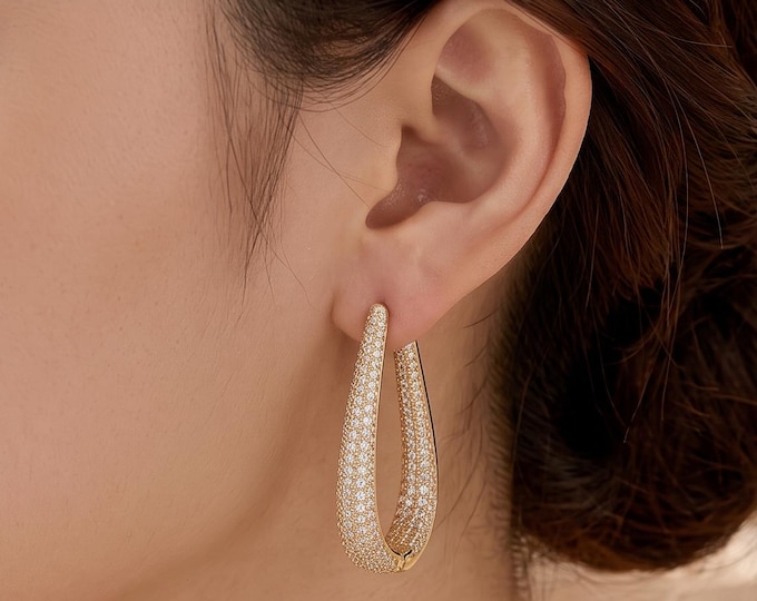 Luxury U-Shaped Hoop Earrings with Cubic Zirconia, Silver-Tone Finish