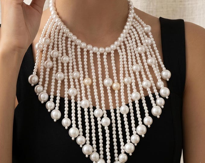 Imitation Pearl Tassel Necklace Earrings Set, Elegant Bridal Party Jewelry