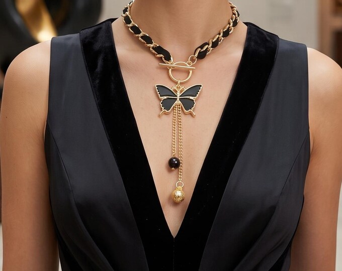 Black Leather Wrap Necklace, Butterfly Star Pendant Choker, Punk Gothic Street Style Accessory