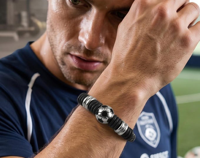 Men's Leather Soccer Ball Bracelet, Adjustable Boho Style Jewelry