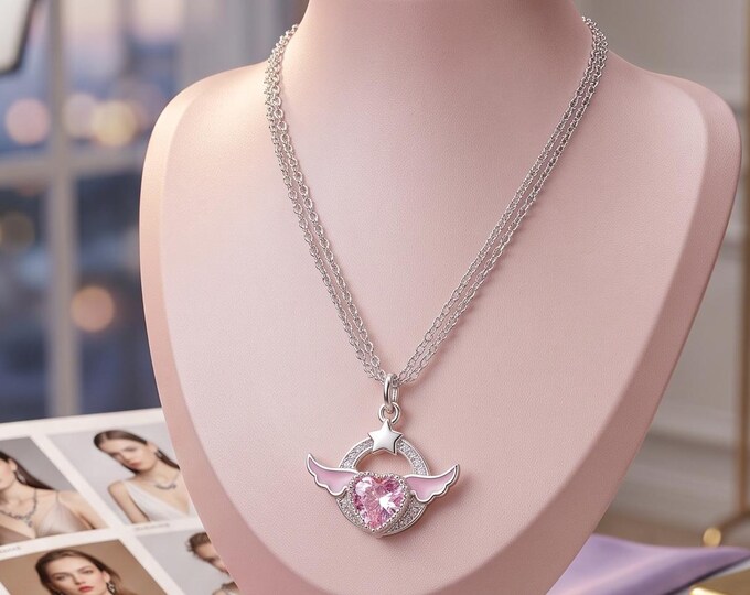 Angel Wings Zircon Necklace, Stainless Steel Crystal Pendant, Elegant Wedding Jewelry