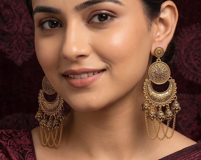 Vintage Oxidized Jhumka Earrings for Women, Boho Gypsy Hollow Dangle Earrings, Ethnic Statement Jewelry Gift