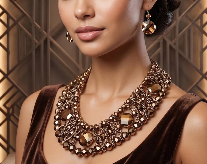 Bohemian Layered Crystal Necklace Earrings Set, Handmade Beaded Statement Jewelry