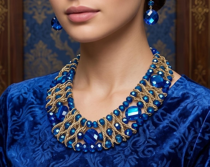 Boho Blue Crystal Beaded Jewelry Set, Layered Necklace and Earrings, Statement Style
