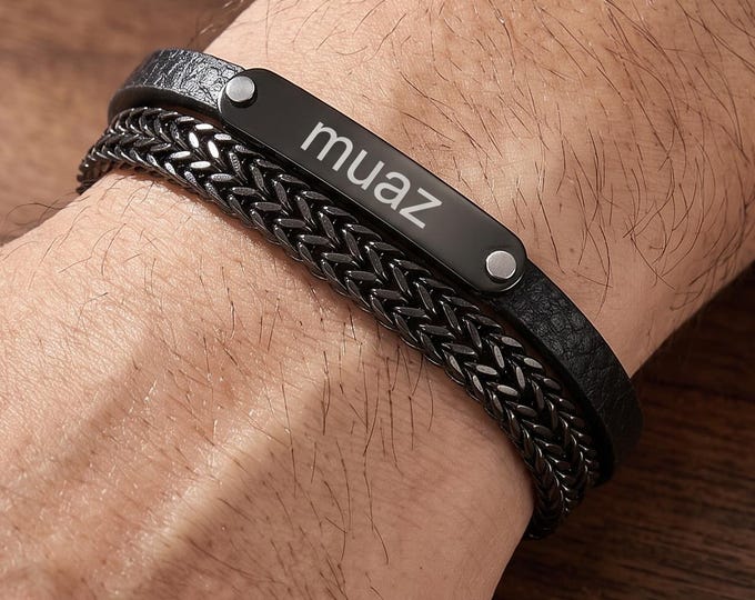 Personalized Double Layer Leather Bracelet, Stainless Steel Clasp, Custom Name Jewelry