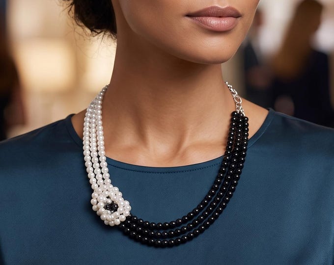 Black White Layered Pearl Necklace, Yin Yang Statement Jewelry, Knotted Boho Style