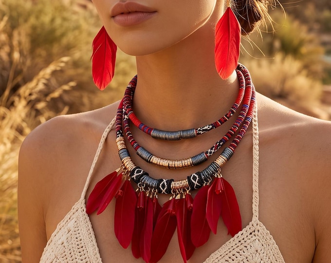 Vintage Ethnic Feather Choker Necklace and Earrings Set, Boho Multilayer Statement Jewelry