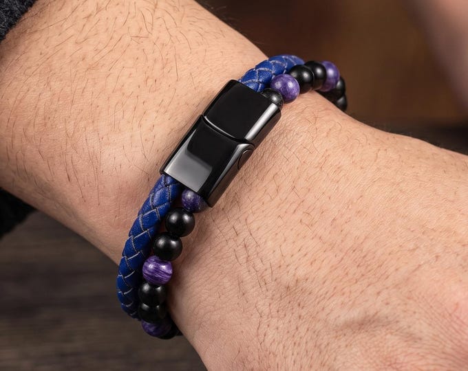 Men's Multi-Layer Leather Bracelet, Green Stone Beads, Stainless Steel Clasp