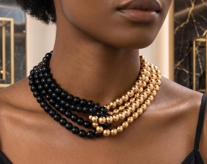 Black White Gold Imitation Pearl Multilayer Choker Necklace, Statement Jewelry