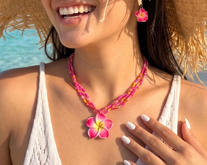 Bohemian Big Flower Jewelry Set, Red Yellow Floral Statement Necklace Earrings