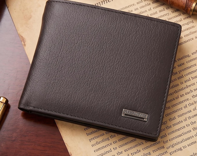 Genuine Leather Bifold Wallet, Slim Black Cowhide Card Holder