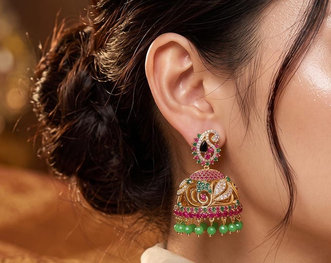 Retro Jhumka Earrings, Beaded Bell Drop, Rhinestone Crystal Bridal Jewelry