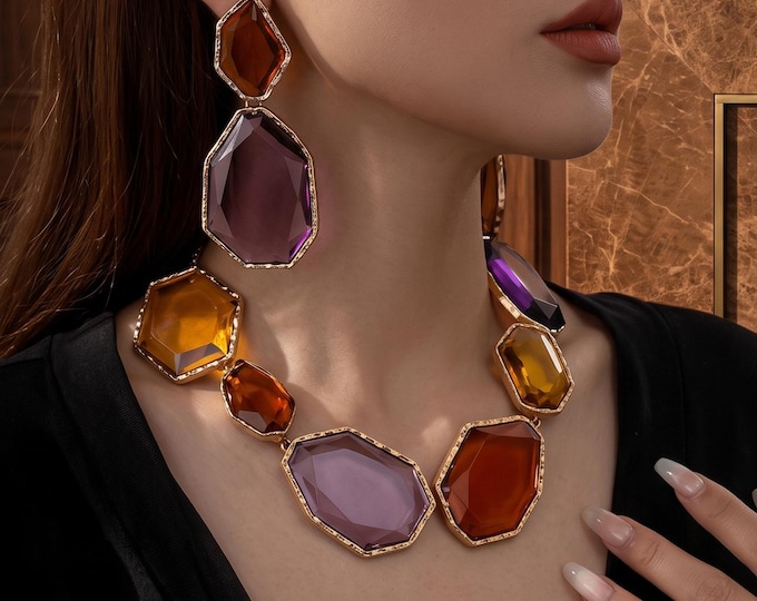 Colorful Geometric Statement Jewelry Set, Bold Vacation Necklace Earrings