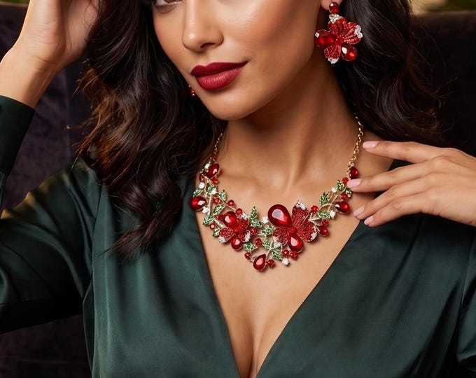 Bauhinia Flower Crystal Jewelry Set, Multicolor Floral Necklace Earrings, Wedding Bridal Statement