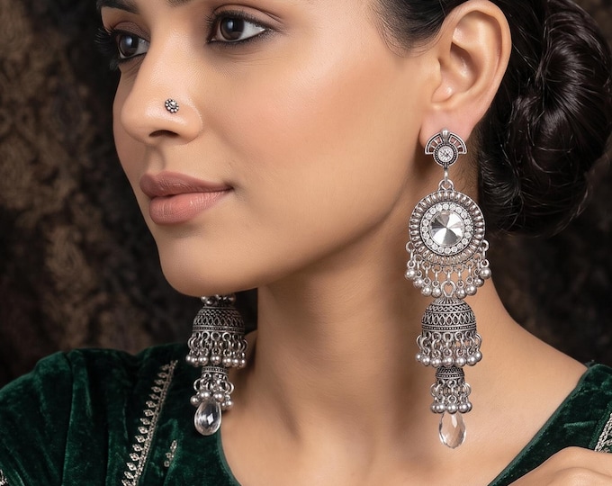 Retro Oxidized Jhumka Earrings, Green Zircon Water Drop, Vintage Ethnic Statement Jewelry