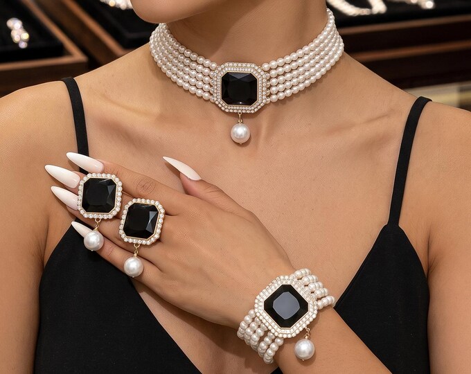 Imitation Pearl Rhinestone Jewelry Set, Elegant Choker Necklace, Earrings, Bracelet,