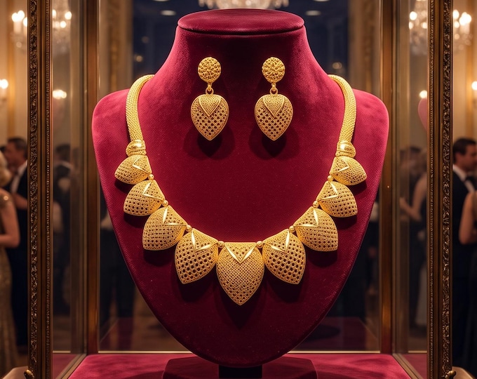 Gold Color Statement Necklace Earrings Set, Bridal Wedding Jewelry (2 Piece)