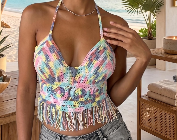 Boho Halter Tank Top, Crochet Style Summer Crop Top, Backless Beach Cami
