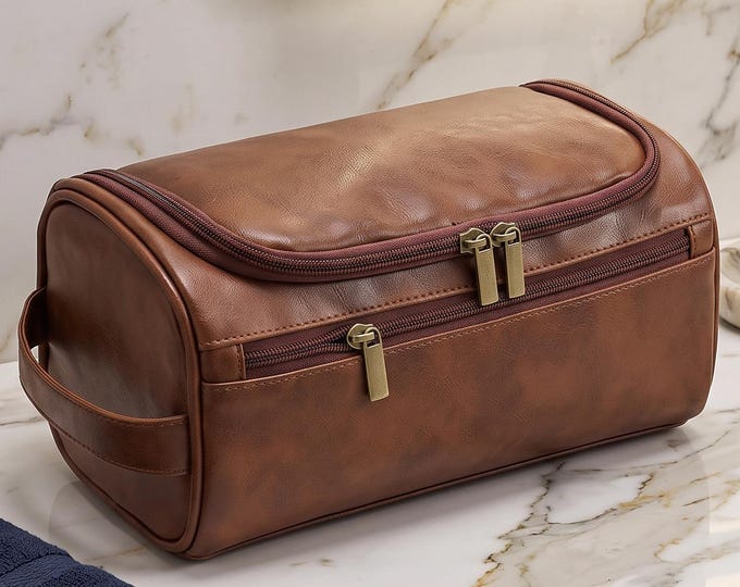 Leather Toiletry Bag, Large Travel Dopp Kit, Hanging Organizer, Shaving Bag