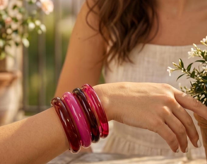 4 Piece Red Rose Acrylic Resin Chunky Bracelets, Boho Geometric Punk Cuffs