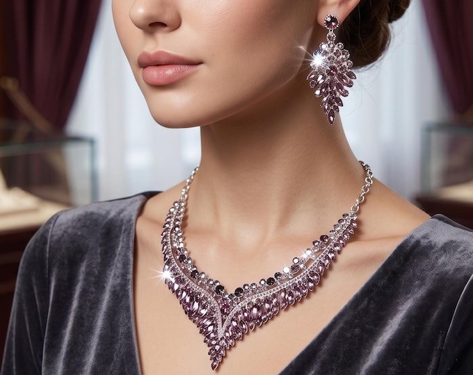 Purple Crystal Statement Jewelry Set, Collar Choker Necklace Earrings, Elegant Party Wedding Prom