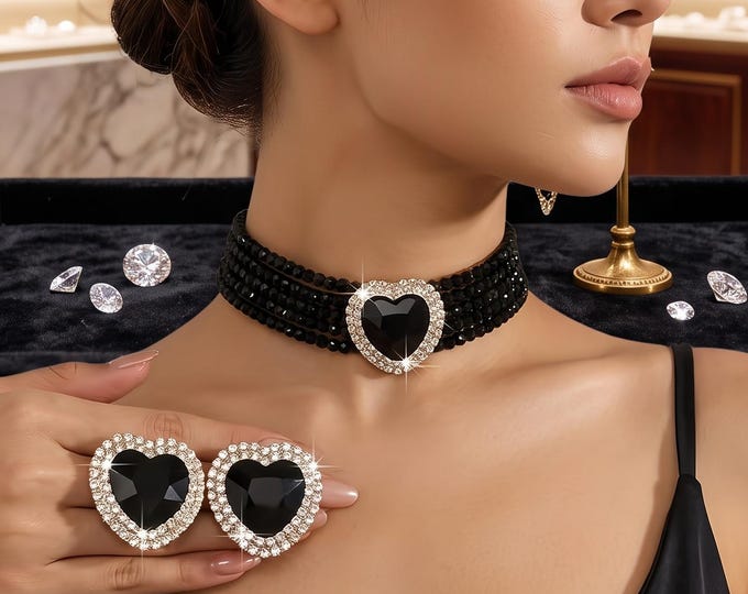 Women's Artificial Crystal Heart Jewelry Set, Sparkling Party Necklace Earrings