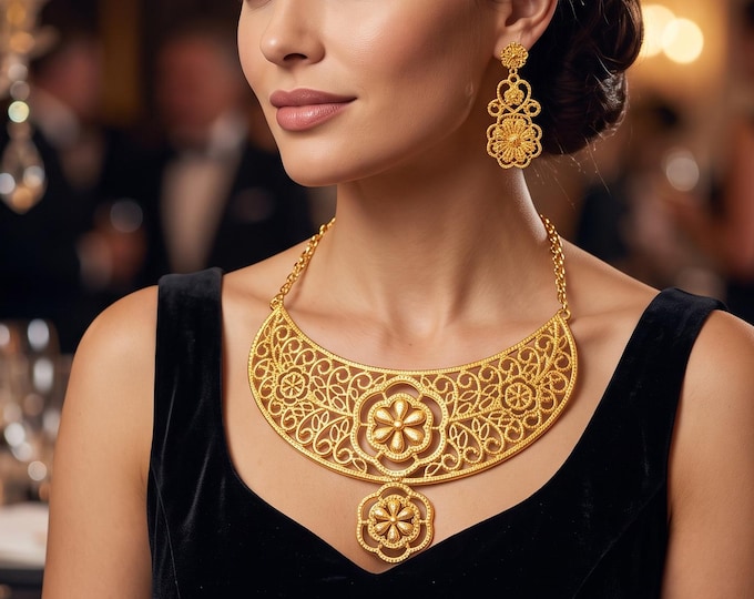 Beaded Gold Necklace & Earrings Set, Bridal Wedding Jewelry, Statement Party Accessories