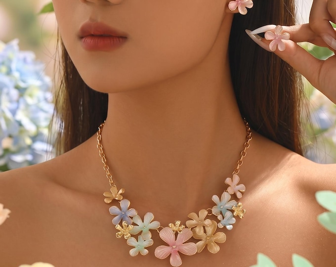 Boho Enamel Flower Jewelry Set, Colorful Starfish Shell Necklace Earrings