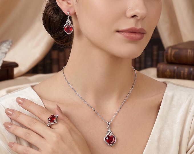 925 Sterling Silver Red Heart Zircon Jewelry Set, Ring Necklace Earrings Bridal Wedding
