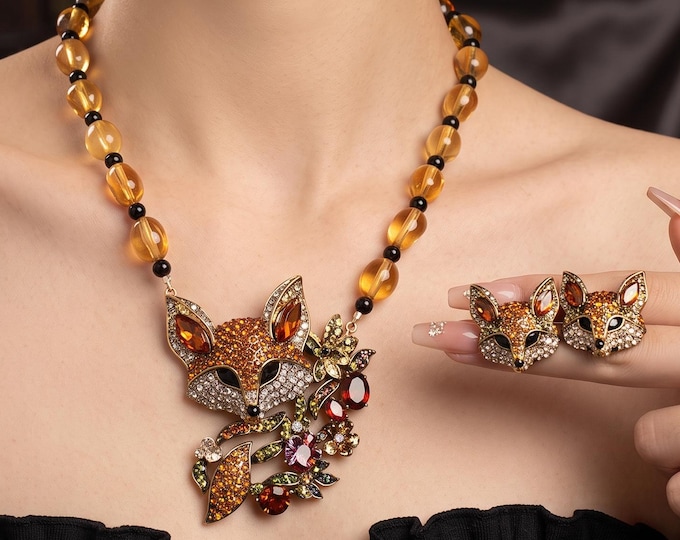 Baroque Fox Jewelry Set, Brown Crystal Necklace Earrings, Retro Statement Set