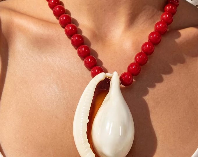 Red Beaded Cowrie Shell Choker Necklace, Boho Beach Vacation Jewelry