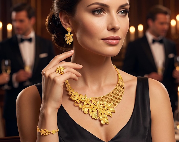 Gold Charm Pendant Necklace & Earrings Set, Bridal Wedding Jewelry, Elegant Party Gift