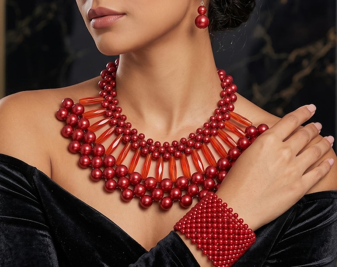 3-Piece Imitation Pearl Jewelry Set, Colorful African Party Necklace Earrings Bracelet