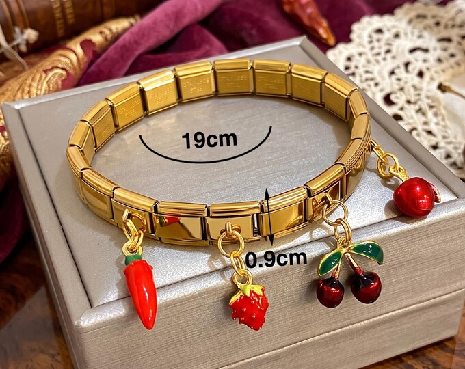 Gold Stainless Steel Fruit Charm Bracelet, Cherry Strawberry Apple Chili Pepper Tile Bangle