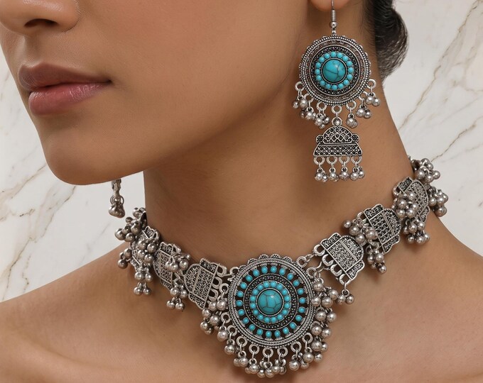 Vintage Metal Bead Tassel Choker Necklace Earrings Set, Retro Boho Statement Jewelry
