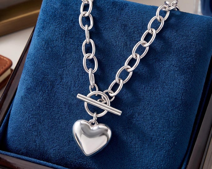 316L Stainless Steel Heart Pendant Necklace, Waterproof Silver Layering Jewelry