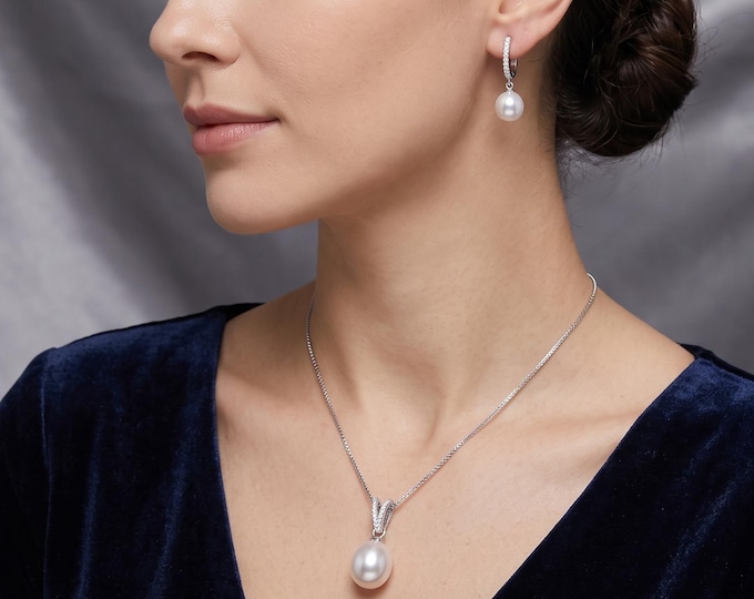 Sterling Silver Freshwater Pearl Jewelry Set, 8-9mm Rice Pearls, Necklace Earrings